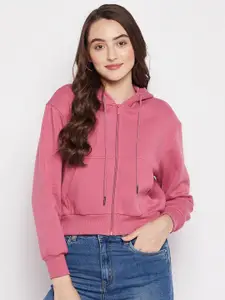 Madame Women Pink Cotton Hooded Sweatshirt