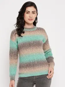 Madame Women Green & Brown Striped Woolen Pullover