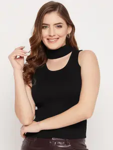 Madame Women Black Ribbed Woolen Sweater Vest
