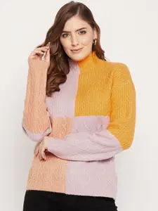 Madame Women Purple & Mustard Yellow Colourblocked Woolen Pullover