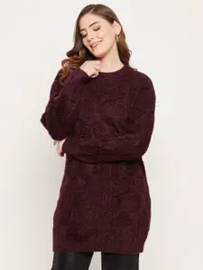 Madame Women Burgundy Cable Knit Longline Woolen Pullover