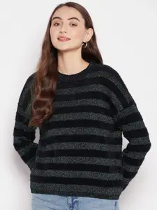 Madame Women Black & Gunmetal-Toned Striped Woolen Pullover