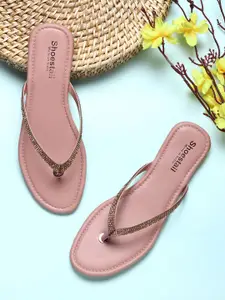 Shoestail Women Peach-Coloured Embellished T-Strap Flats