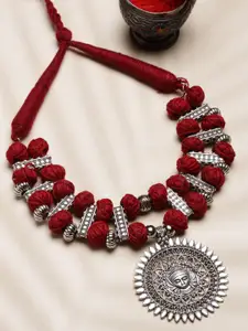 PANASH Silver-Toned & Maroon German Silver Oxidised Necklace