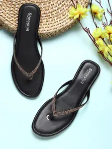 Shoestail Women Black Embellished T-Strap Flats