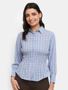 V-Mart Blue Pure Cotton Checked Shirt Style Top