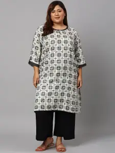 AURELIA Plus Size Women Grey & Black Geometric Printed Keyhole Neck Straight Fit Kurta