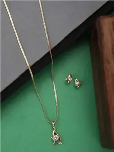 Bhana Fashion Gold-Plated White AD-Studded Pendant With Chain & Earrings