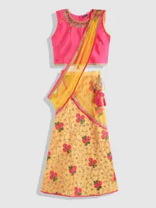 YK Girls Pink & Yellow Beads and Stones Ready to Wear Lehenga & Blouse With Dupatta