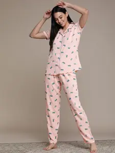 beebelle Women Peach-Coloured & Blue Printed Nightsuit