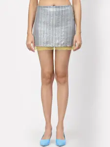 LELA Silver-Toned Embellished Sequined Straight Mini Skirt