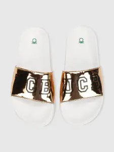 United Colors of Benetton Women White & Gold-Toned Printed Sliders