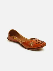 Ta Chic Women Brown Embellished Ethnic Mojaris with Laser Cuts Flats