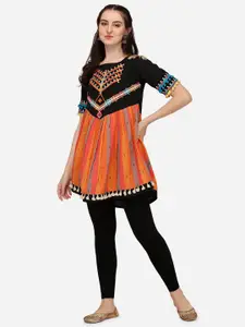 MESMORA FASHION Black & Orange Paisley Embroidered Thread Work Pure Cotton Khadi Kurti