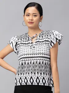 Globus Women White & Black Geometric Print Tie-Up Neck Pure Cotton Top