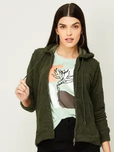Fame Forever by Lifestyle Women Olive Green Pure Cotton Hooded Sweatshirt