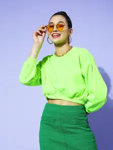 SASSAFRAS Women Fluorescent Green Crop Sweatshirt