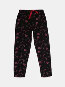 V-Mart Girls Black & Pink Printed Fleece Lounge Pants