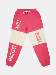 V-Mart Girls Pink & Off White Colorblocked Fleece Joggers