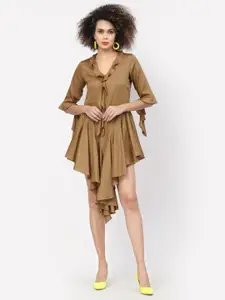 LELA Women Beige Frill Detail Asymmetric Cotton Dress