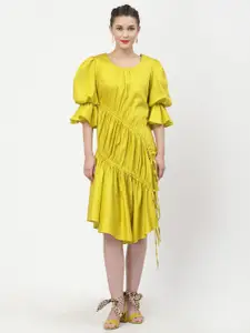 LELA Women Yellow Bell Sleeves Ruched Detail Asymmetric Dress