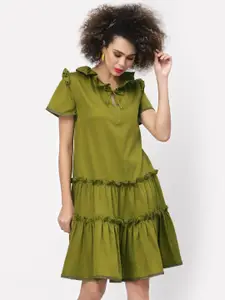 LELA Olive Green Tiered A-Line Dress With Lace Detail