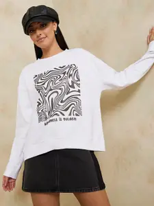 Styli Women White Cotton Graphic Printed Sweatshirt