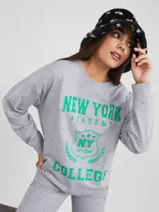 Styli Women Grey Typography Printed Longline Sweatshirt