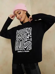 Styli Women Black Graphic Printed Sweatshirt