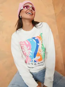 Styli Women Cream Graphic Printed Sweatshirt