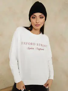 Styli Women Off White Typography Printed Sweatshirt