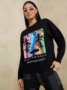 Styli Women Black Graphic Printed Sweatshirt