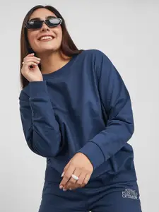 Styli Women Navy Blue Typography Printed Cotton Sweatshirt