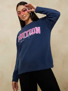 Styli Women Navy Blue Typography Printed Cotton Sweatshirt