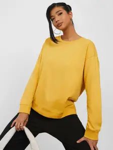 Styli Women Mustard Typography Printed Cotton Sweatshirt