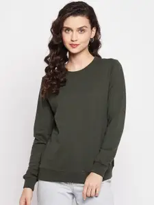 FirstKrush Women Olive Green Round Neck Cotton Sweatshirt