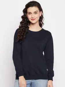FirstKrush Women Navy Blue Round Neck Cotton Sweatshirt