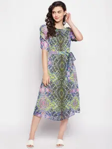 Ruhaans Brown & Yellow Abstract Printed Georgette A-Line Midi Dress
