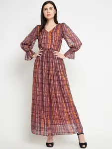 Ruhaans Brown Checked Printed Chiffon Maxi Dress