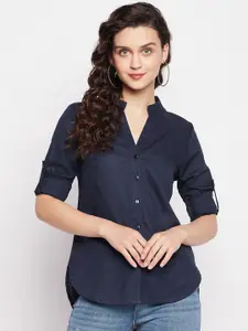 Ruhaans Women Navy Blue Classic Solid Cotton Casual Shirt