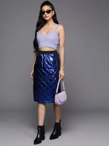 SASSAFRAS Women Blue Solid Metallic Pencil Skirt