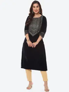 Biba Women Navy Blue Yoke Design Gotta Patti Velvet Straight Fit Kurta