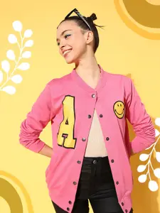 SASSAFRAS Women Pink & Yellow Printed Applique Detail Sweatshirt