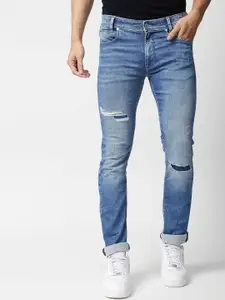 Pepe Jeans Men Blue Slim Fit Slash Knee Heavy Fade Stretchable Jeans