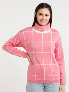 Zink London Women Pink & White Checked Acrylic Pullover Sweater