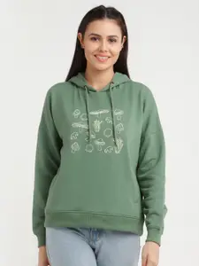 Zink London Women Green Conversational Printed Hooded Sweatshirt