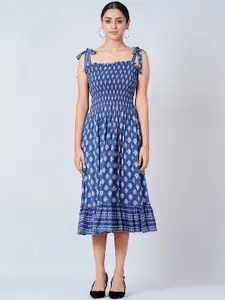 First Resort by Ramola Bachchan Women Blue & White Ethnic Motifs Midi Dress