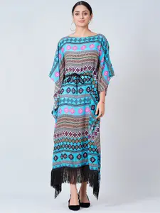 First Resort by Ramola Bachchan Women Blue & Pink Geometric Printed Fringed Kaftan Dress