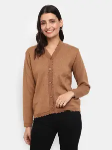 V-Mart Women Brown V-Neck Acrylic Cardigan Sweater