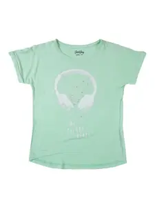 Gini and Jony Girls Green Printed Round Neck T-shirt